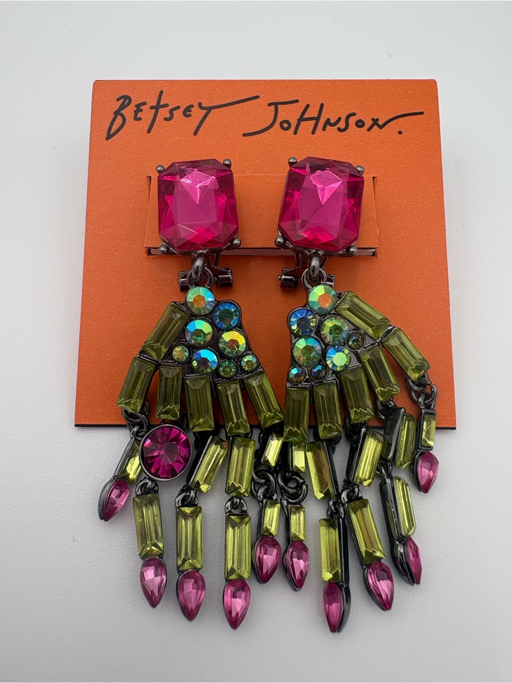 💀💗 Betsey Johnson Pink & Green Crystal Skeleton Hand Earrings NWT